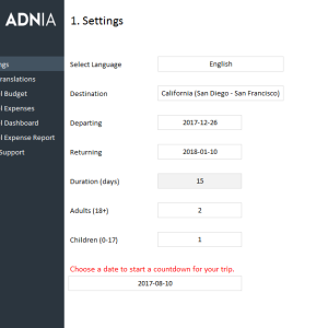 Travel Budget Planning Template - Settings
