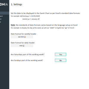 Gantt Chart Excel Template - Settings