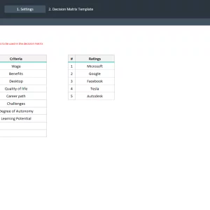 Decision Matrix Template - Settings